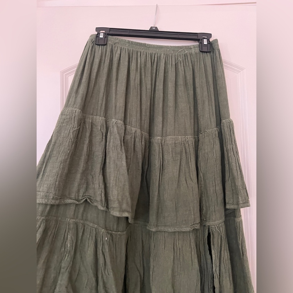 Green Tiered Cotton-Blend Maxi Skirt